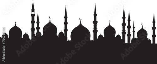 Set of black mosque silhouettes with domes and minarets for Islamic architecture design projects.