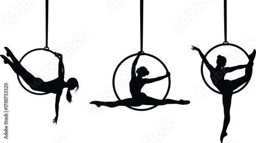 Silhouettes of aerial hoop performers in dynamic poses, suspended in Lyra, showcasing flexibility, strength, elegance, black and white, acrobatics