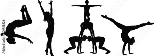 Silhouettes of acrobats performing dynamic gymnastic poses, teamwork formation, handstand split, airborne flip, strength, balance, coordination, black and white