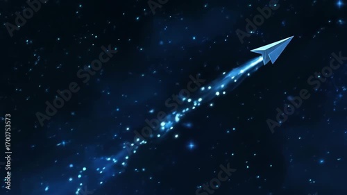Paper airplane soars through a starry night sky illustration.