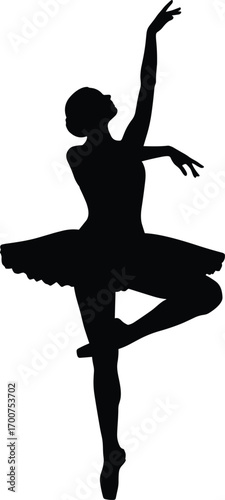 Silhouette of ballerina in classic ballet pose, wearing tutu, standing on one leg, graceful arms, elegant posture, white background, balance