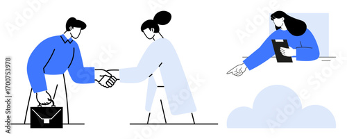 Business professionals shaking hands signaling agreement, woman pointing with clipboard. Ideal for teamwork, partnership, collaboration, negotiation, business planning, communication, simple landing