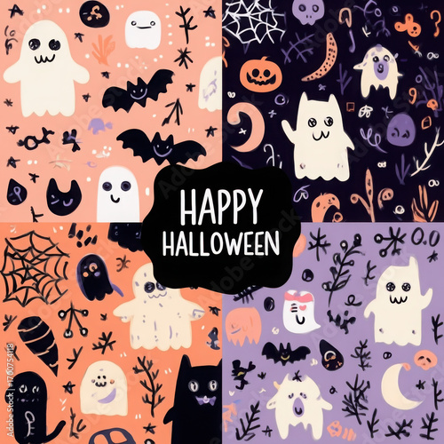 Autumn holiday cartoon vector seamless pattern set. Black cat, flying bats and ghosts near haunted house backgrounds pack. Halloween night decorative textile, wallpaper, wrapping paper design