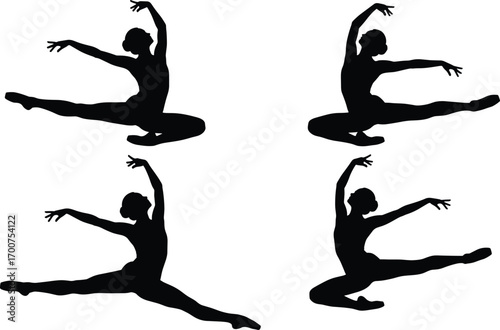 Silhouettes of ballet dancers leaping in grand jeté, showcasing grace, athleticism, flexibility, black and white, white background, elegant motion
