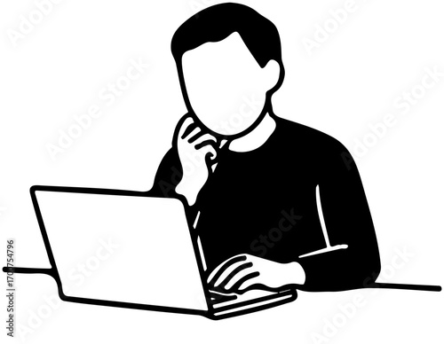 Man Working on Laptop - Minimalist Line Illustration