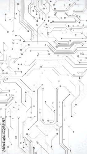 Intricate network of gray circuit lines and connecting points on a white background.