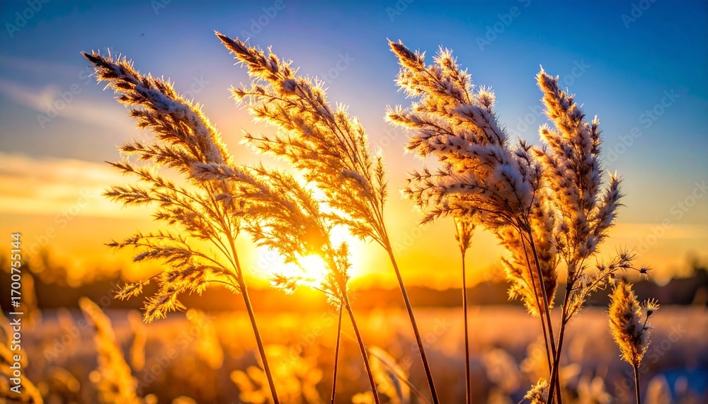 Fototapeta premium Sunrise over a field of tall grass with golden light shining through the reeds.