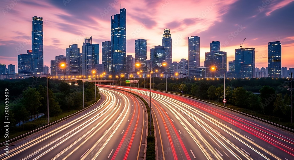 Fototapeta premium Stunning Cityscape at Sunset: Highway Traffic Light Trails and Modern Skyline.