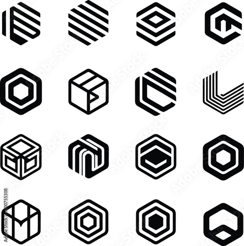 Geometric hexagonal logos and icons for branding and design, abstract shapes, modern graphic elements and minimalist emblems