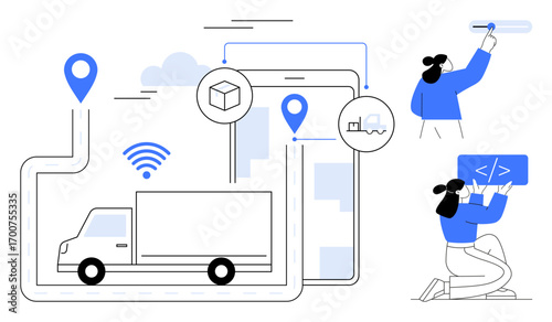 Delivery truck on digital map with location pins and network icon two developers coding and reviewing data. Ideal for logistics, technology, transportation, app development, tracking, software