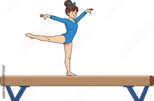 Gymnast performing balance pose on beam, blue leotard, extended leg, poised arms, athletic skill, concentration, strength, flexibility, white background