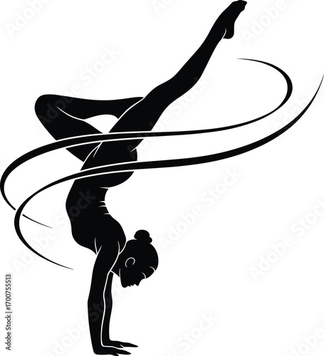 Silhouette of gymnast performing handstand with swirling ribbons, split leg pose, strength, flexibility, elegance, motion, black and white, balance