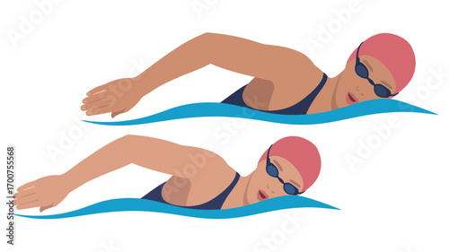 Two swimmers performing butterfly stroke in blue water vector illustration white background