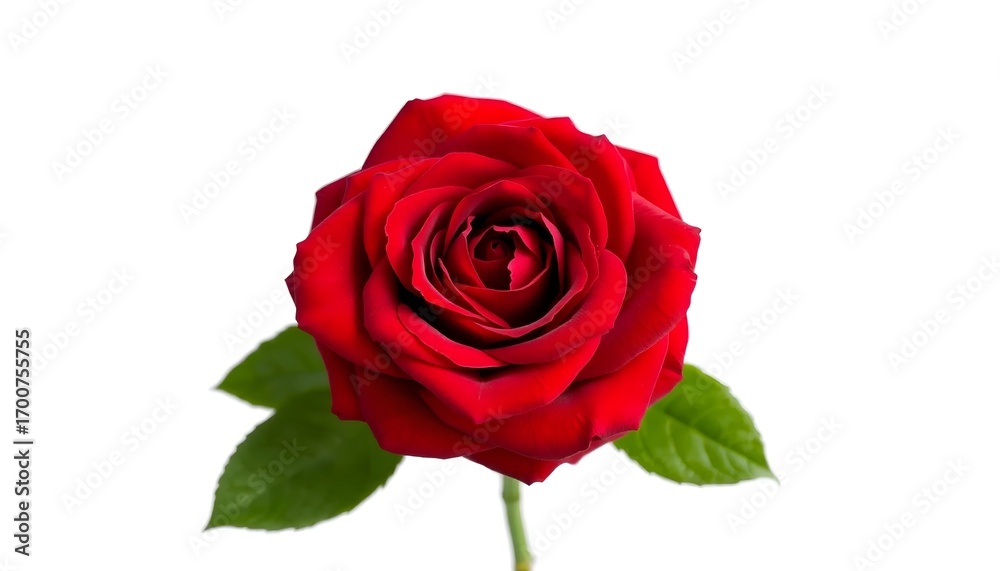 Fototapeta premium A single red rose with green leaves isolated on a white background in a close up studio shot