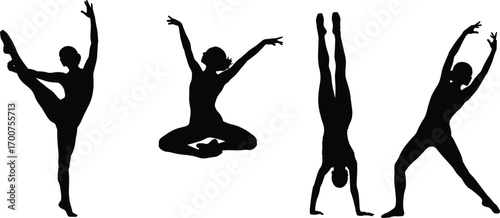 Gymnast silhouette, dance pose, vector illustration, black and white art, flexibility, acrobatics, handstand, leap, split, graceful movement, athletic figure, minimal design, commercial artwork, perfo