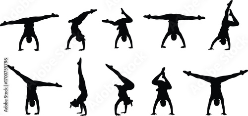 Handstand silhouettes collection, gymnastic poses, athletic balance, black and white vector illustration, silhouette yoga movements, acrobatic figures, fitness design