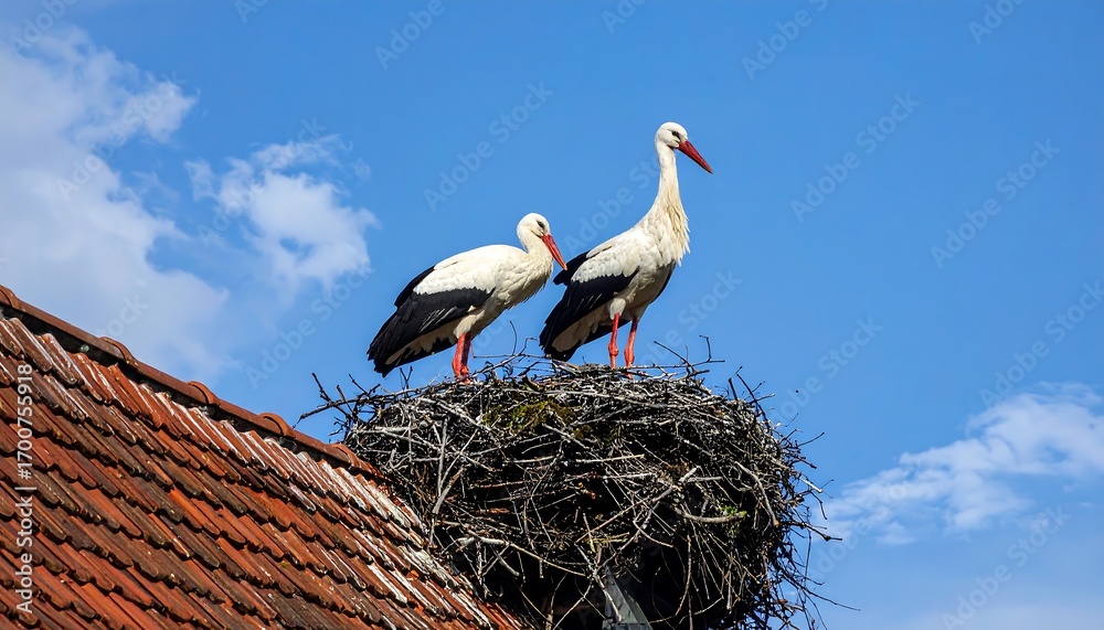 Fototapeta premium Two storks stand vigilantly on a nest atop a terracotta-tiled roof against a vibrant blue sky.