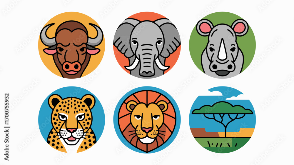 Obraz premium African wildlife icons set vector animals savannah landscape circular design elements white background