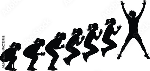 Silhouettes of female athlete performing vertical jump sequence, squat to airborne motion, strength, fitness, ponytail, black and white, biomechanics
