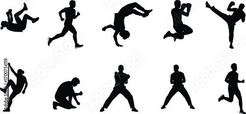 Silhouettes of athletes performing martial arts and fitness poses, kicking, punching, jumping, balance, strength, motion, black and white, dynamic energy