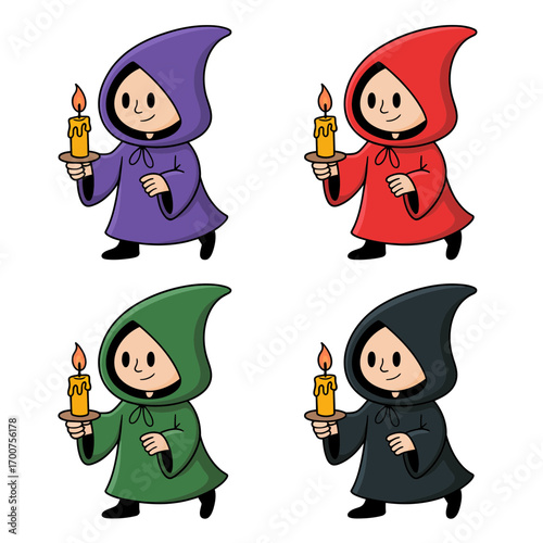 Cute cartoon cloaked characters holding candles vector graphics set white background