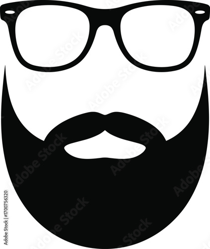 Vector illustration of a man with a full beard, mustache, and sunglasses. A minimalist black silhouette of a hipster face icon for a barbershop or fashion logo design
