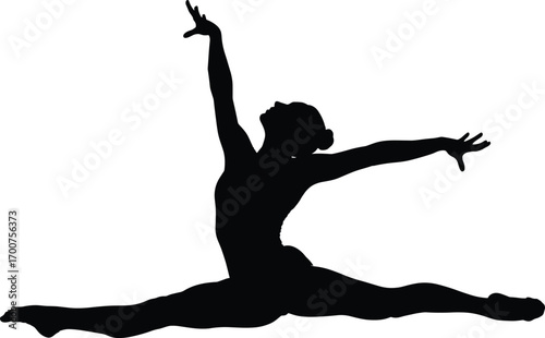 Silhouette of dancer performing split leap, athletic jump, elegant pose, ballet movement, flexibility, grace, white background, vector illustration