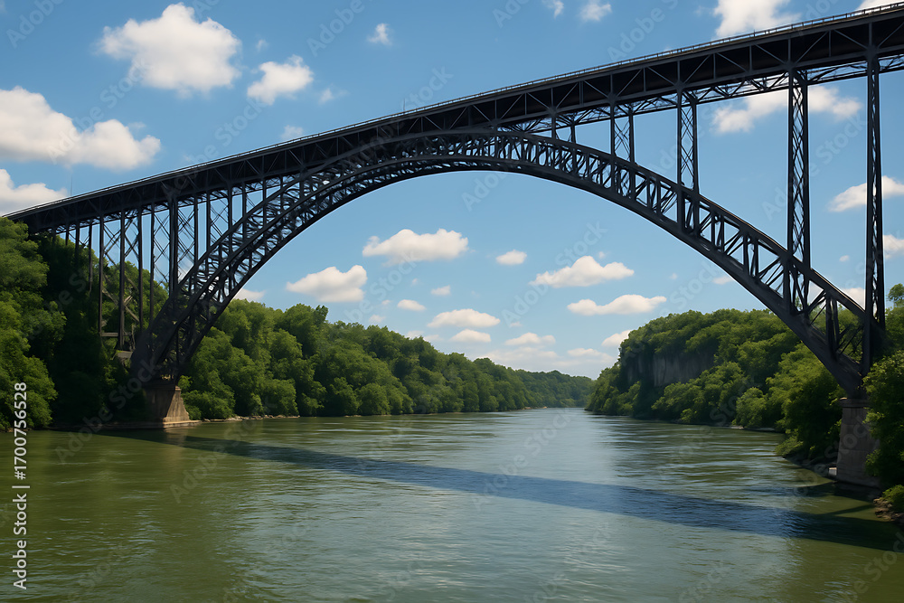 Naklejka premium A picturesque view of a vast steel arch bridge spanning a wide, green river under a beautiful blue sky with scattered clouds