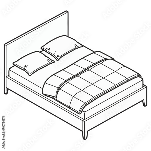 Vector isometric line art illustration of a modern bed with pillows and duvet white background
