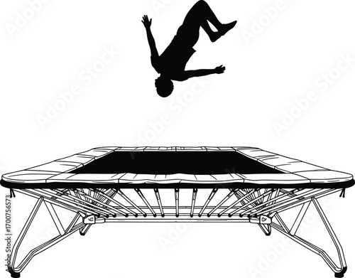Silhouette of person performing backflip above trampoline, airborne motion, athletic skill, acrobatic pose, strength, balance, black and white, dynamic energy