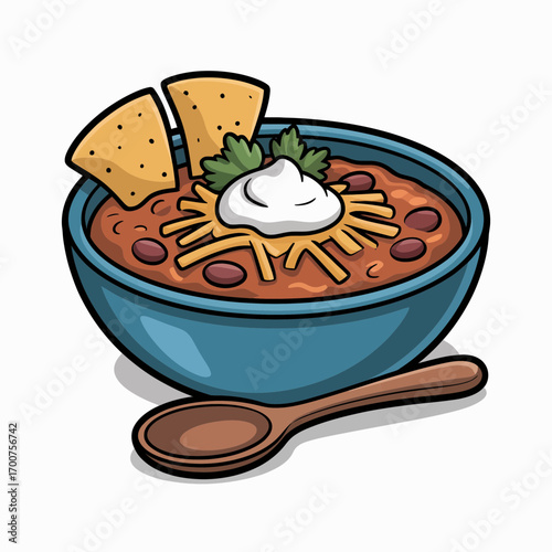 Delicious chili bowl with tortilla chips and sour cream vector illustration white background