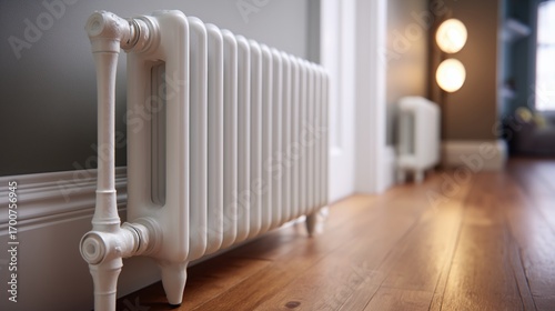 Wallpaper Mural A close-up view of a white vintage radiator in a modern interior. The floor is wooden, and the walls are painted in a neutral color. Soft lighting enhances the ambiance. Torontodigital.ca