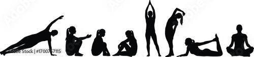 Silhouettes of people performing yoga and fitness poses, flexibility, strength, wellness, meditation, balance, black and white, exercise routine