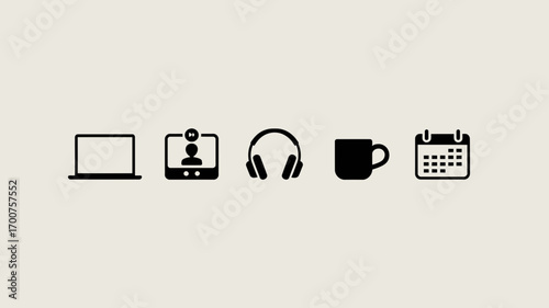 Remote work icons set featuring laptop video call headphones coffee mug calendar vector white background