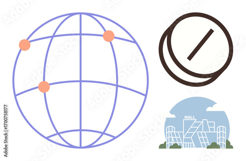Globe with latitude and longitude lines, orange markers, shopping mall, and transaction token. Ideal for e-commerce, globalization, retail, payment systems development trade consumerism. Simple