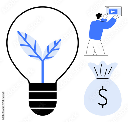 Light bulb with green leaf as symbol of eco-friendly ideas, person presenting media content on laptop screen, money bag. Ideal for sustainability, finance, innovation, creativity, business