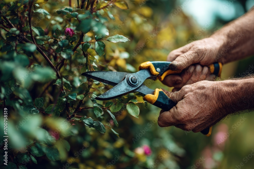 Naklejka premium Hands carefully trimming a bush with pruning shears in a garden during summer afternoon hours