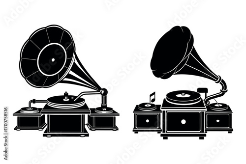 vintage gramophones displayed side by side silhouette