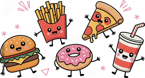 Cute Cartoon Fast Food Characters Burger, Fries, Pizza, Donut, Soda
