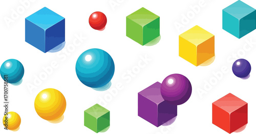 Isometric colorful cubes and spheres, a playful arrangement of geometric shapes, perfect for illustrating concepts of diversity and creativity