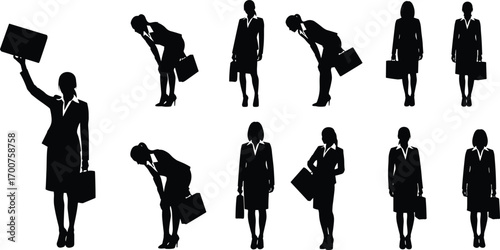 Silhouette of businesswoman with briefcase, professional female character in different poses, standing, walking, tired, holding sign, vector illustration for design and presentation