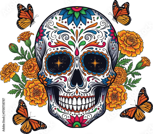Vibrant sugar skull adorned with marigolds and monarch butterflies, a colorful tribute to day of dead, a celebration of life and remembrance