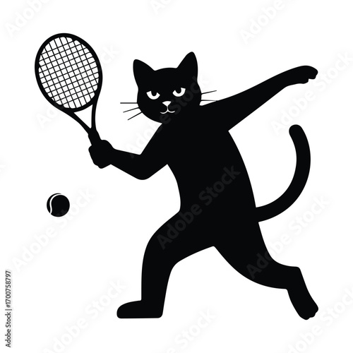 Black cat playing tennis with racket and ball silhouette
