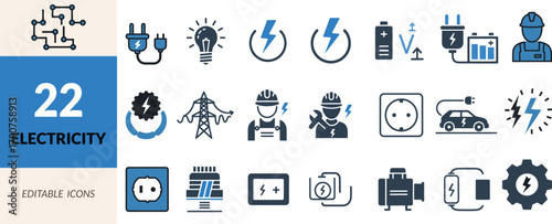 Electricity Themed Icon Set Depicting Energy Sources, Electrical Components, and Electrical Workers with Various Related Symbols