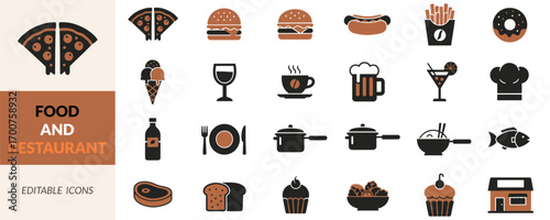 Diverse Food and Restaurant Icon Set Featuring Pizza, Burgers, Drinks, and Culinary Essentials for Visual Design