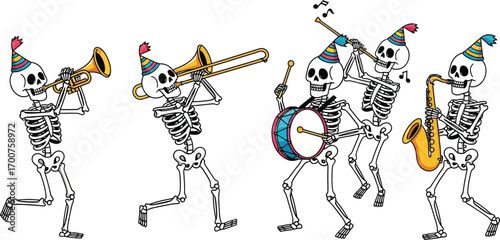 A lively skeleton band playing musical instruments in party hats, celebrating halloween with music and fun
