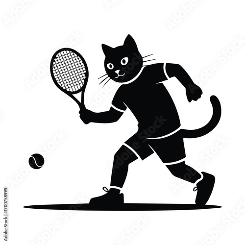 Playful black cat silhouette playing tennis with a racket and ball
