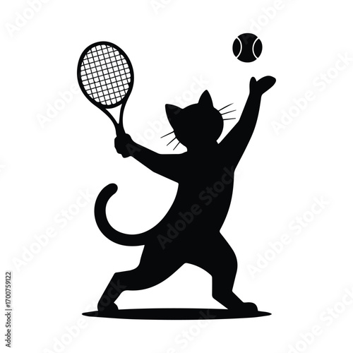 Playful cat silhouette serving a tennis ball with racket