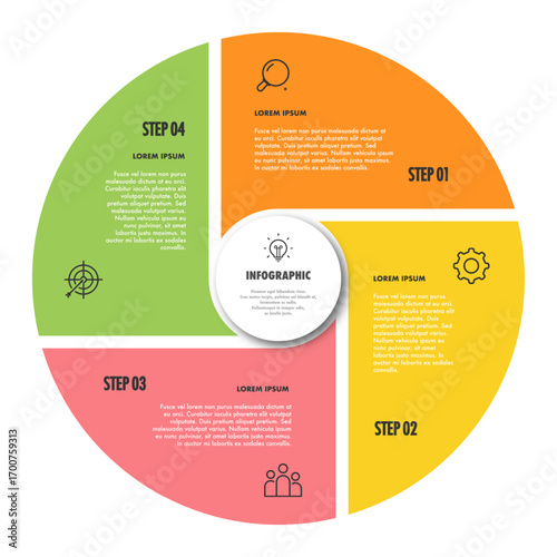 Circle chart infographic template with 4 options modern style for presentation, start up project, business strategy, theory basic operation, logic analysis. Venn diagram vector 10 eps