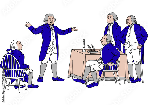 A cartoon illustration of American Founding Fathers debating during a political meeting in the 18th century.
